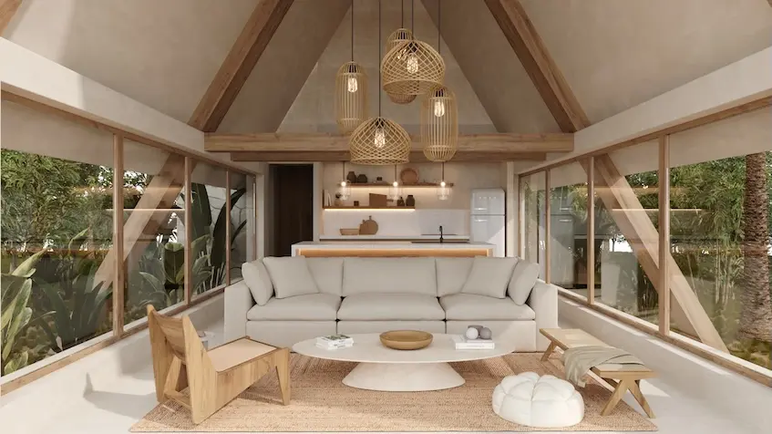 Sala interior vistas naturales en Mayakana Residences Bacalar