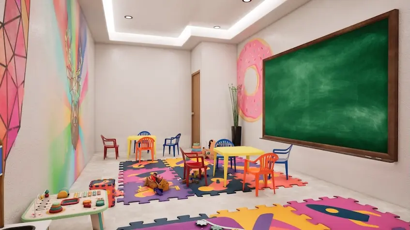 Salon infantil con jugos de colores en Residencial Sense en Cancun