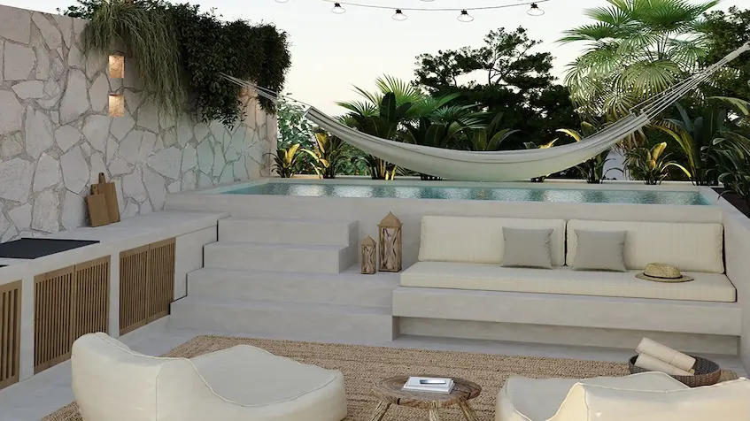 Terraza alberca hamacas en Mayakana Residences Bacalar