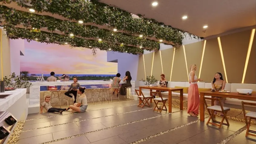 Terraza social en Green view Tulum Country Club