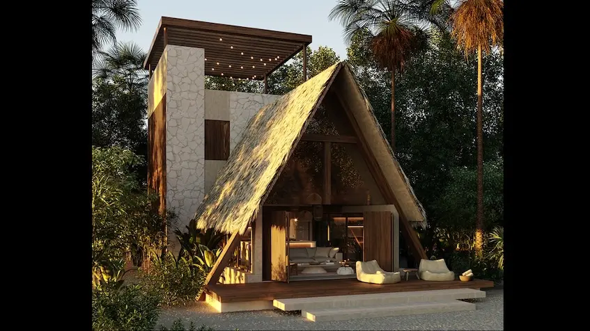 Villa exterior techo de palma en Mayakana Residences Bacalar