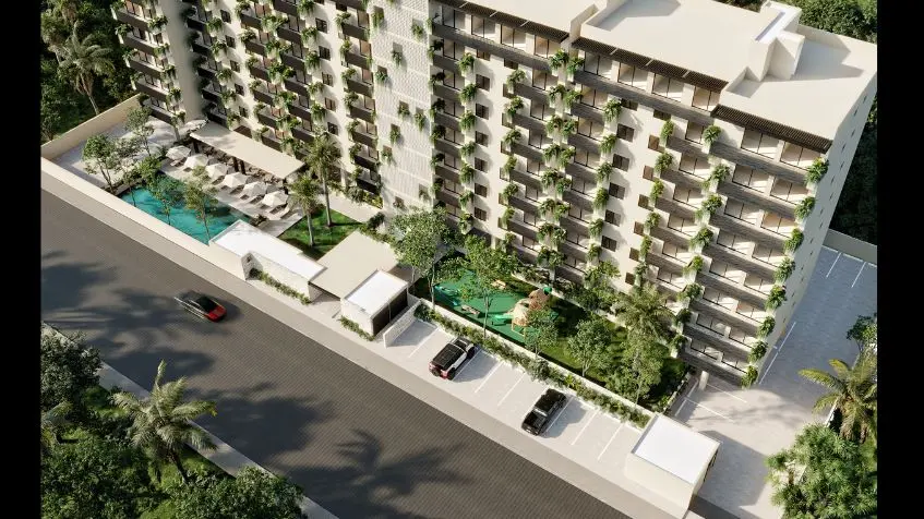 Vue aérienne de la façade avant des résidences Bardenna à Cancún