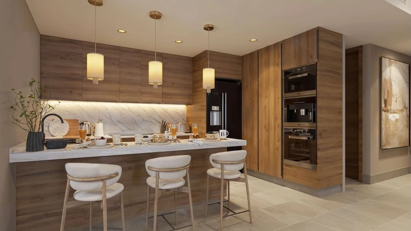 Kitchen with bar in Azurea Marina Residential Cancun