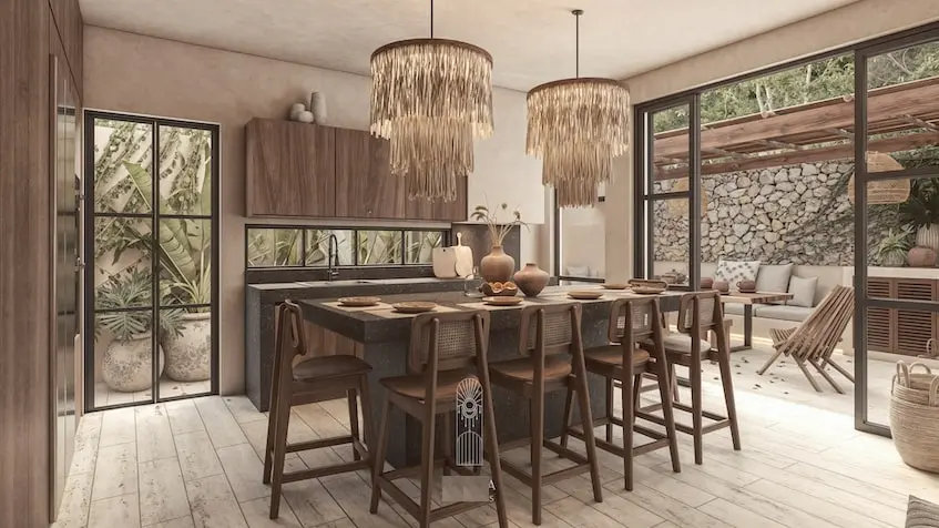 Kitchen with island at Kanta Villas Tulum
