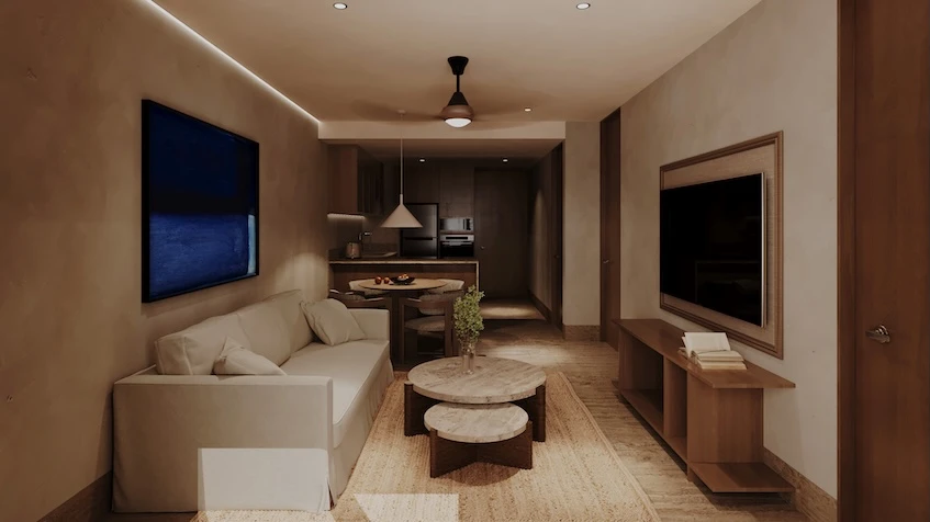 Comedor con sala en Athalia Condos Playa del Carmen