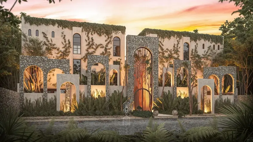 Facade at night at Kanta Villas Tulum