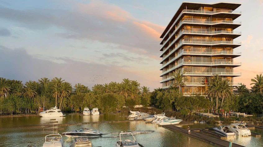 Facade and lagoon at Azurea Marina Residential Cancun