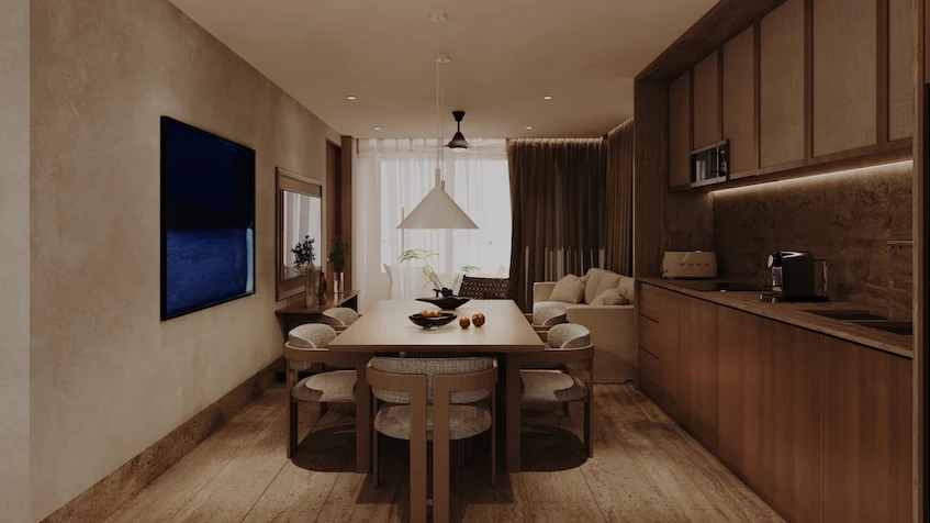 Sala comedor con recámara en Athalia Condos Playa del Carmen