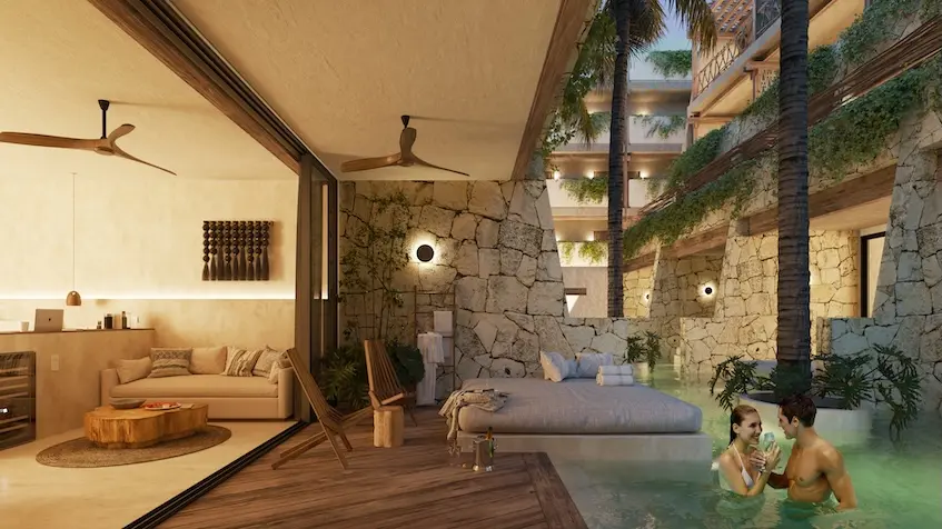 Terraza con swimup en grand asron alquimia tulum
