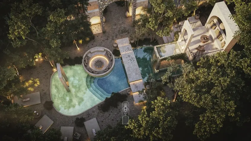 Vista aerea con alberca en Kanta Villas Tulum