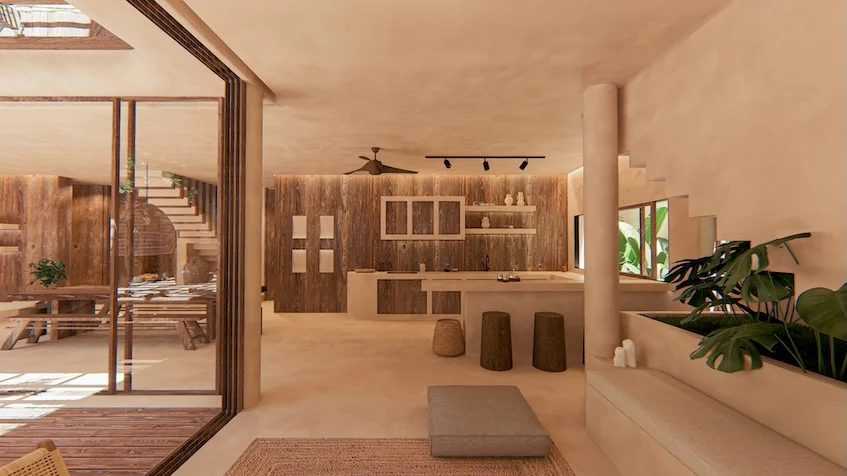 Cocina sala en Villas Ossana Tulum