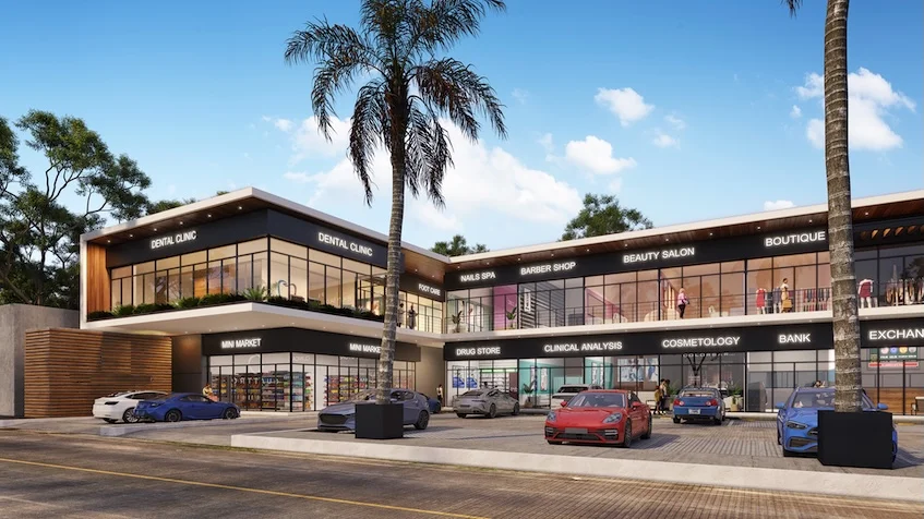 Front facade with palm trees at Quattro Plaza Center Cancún