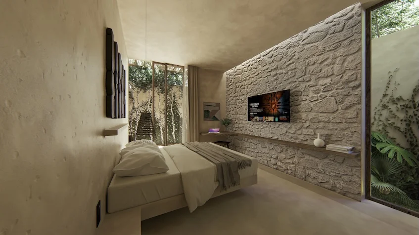 Interior recamara baja Villas Ossana Tulum