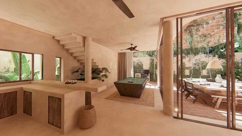 Sala con juego de mesa en Villas Ossana Tulum