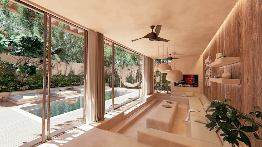 Sala con vista a la alberca en Villas Ossana Tulum