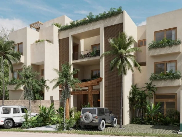 Fachada estacionamiento en Yutori Residences Bacalar
