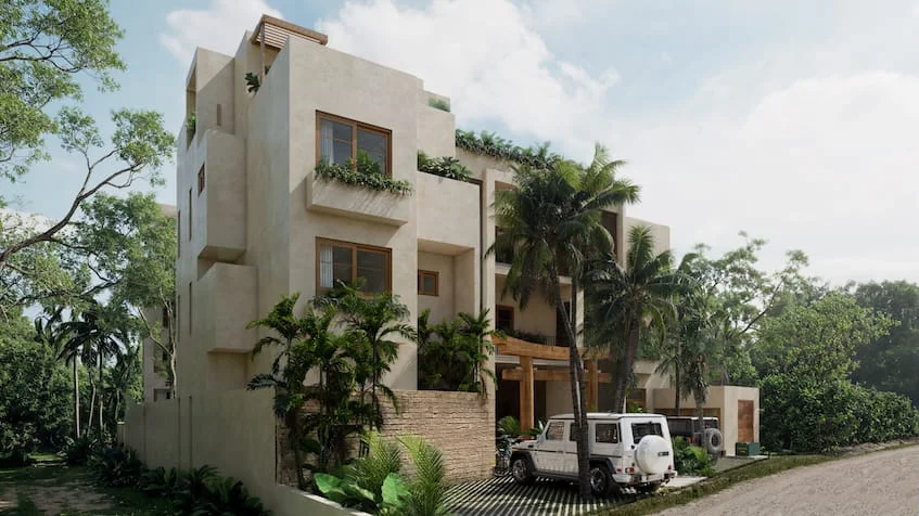 Fachada lateral en Yutori Residences Bacalar