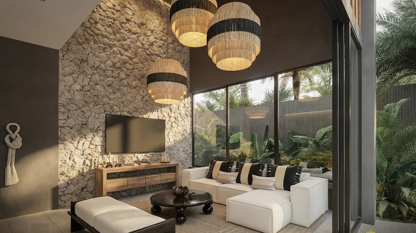 Sala con TV en Nonai Villas Tulum