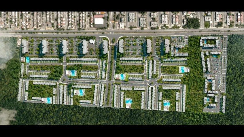 Aerial view of the Akora Residencial apartment building in Playa del Carmen