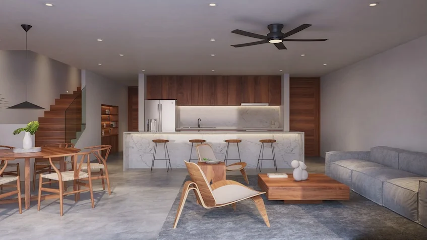 Vista Cocina con Sala Villa en Itze Playa del Carmen