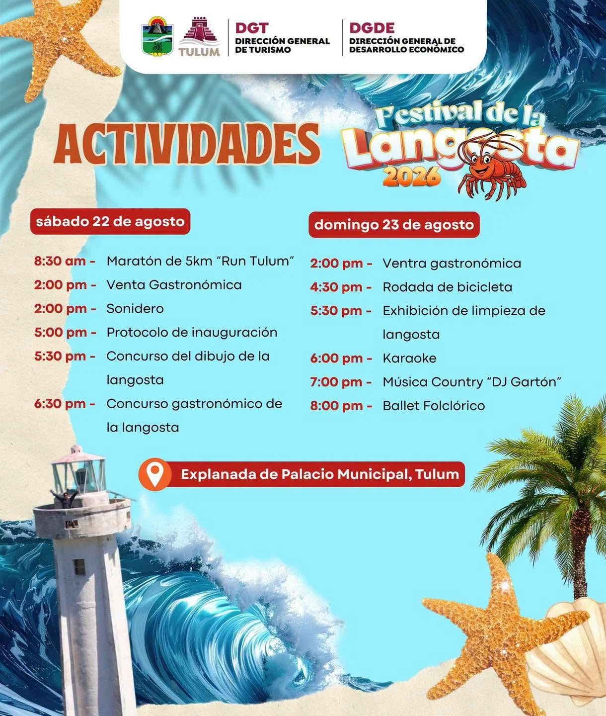Actividades del Festival de la Langosta 2026 Sábado 22 y Domingo 23 de Agosto