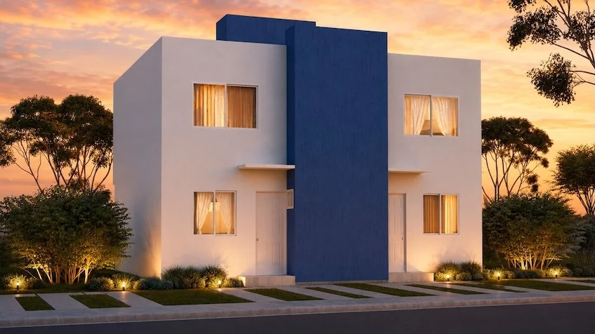 Vista exterior de casa que incluye una fachada de dos niveles en tonos blanco y azul, ventanas iluminadas, un jardín delantero, árboles y un cielo al atardecer de Vía Verde Playa del Carmen.
