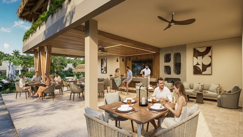 Área de casa club que incluye una terraza techada con comedor exterior incluye mesas sillas