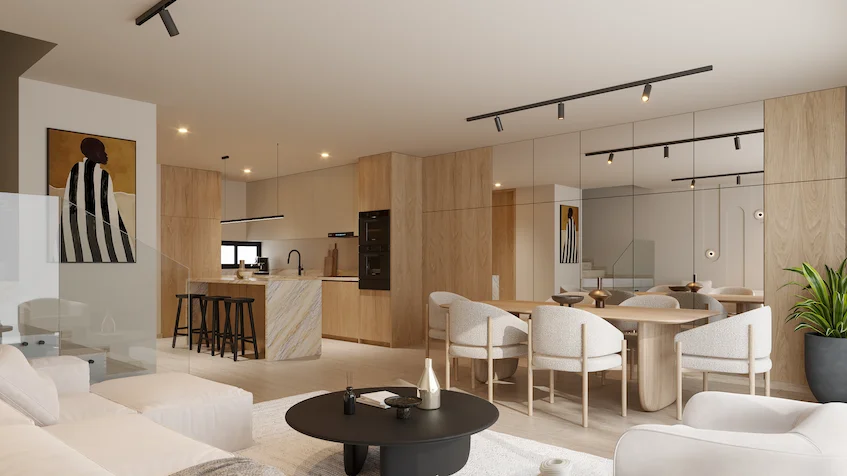 Diseño interior de sala, comedor y cocina que incluye sofás, una mesa de centro, una mesa con sillas y una isla con bancos de Entre Bosques Mayakobá Playa del Carmen.