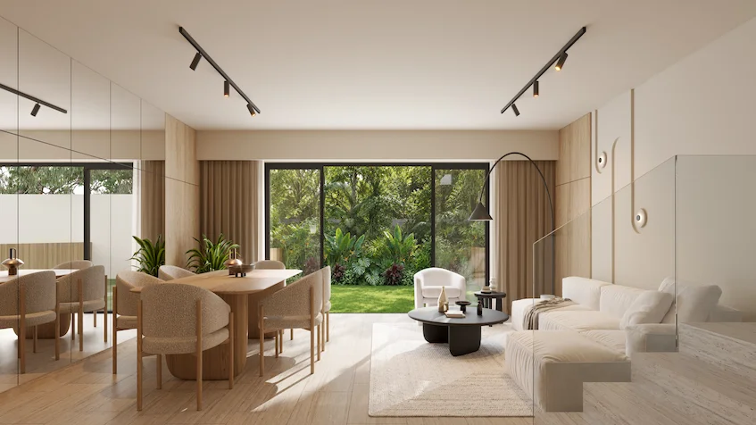 Diseño interior de sala y comedor que incluye una mesa con sillas, un sofá, una mesa de centro, una silla y una lámpara de pie de Entre Bosques Mayakobá Playa del Carmen.