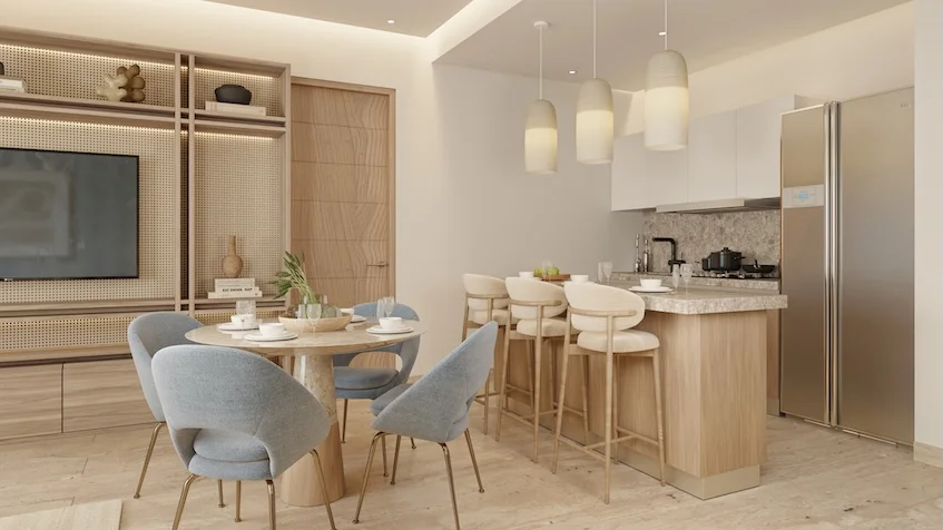 Comedor y cocina integral en departamento de lujo en venta en Village Blu Puerto Morelos