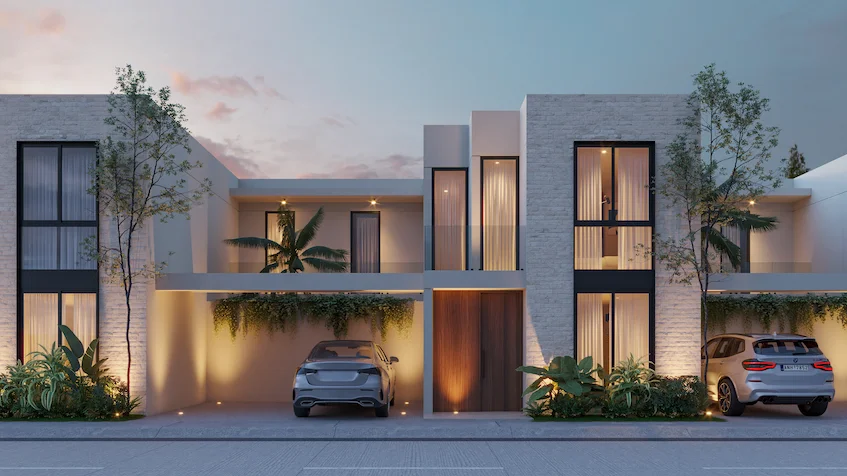 Fachada exterior del modelo Serena que incluye dos niveles, ventanales, entrada principal, jardineras y un área de estacionamiento de Entre Bosques Mayakobá Playa del Carmen.