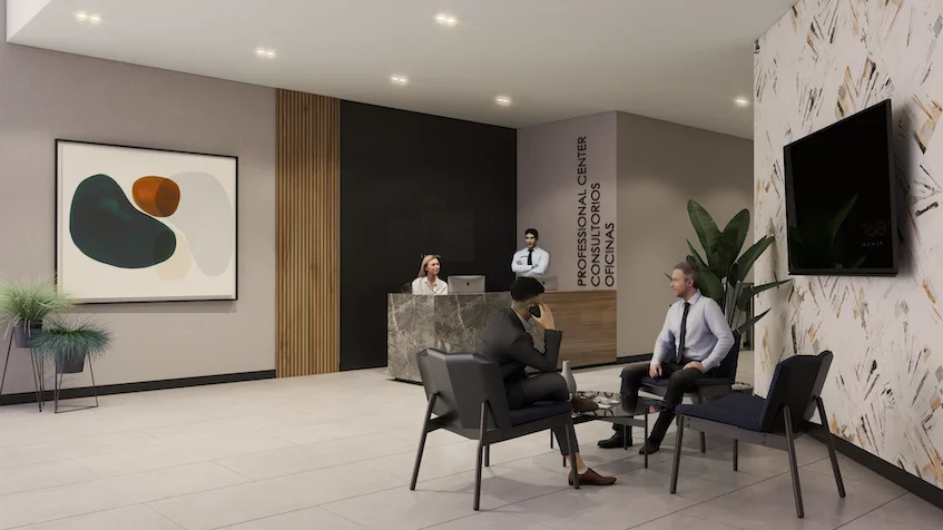 Lobby de recepción que incluye un mostrador de piedra gris con una recepcionista, una sala de espera con sillones oscuros, una mesa de centro de cristal, cuadros abstractos decorativos, paneles de madera en las paredes, iluminación empotrada y señalización hacia áreas de oficinas y consultorios de KUN 21° 86° Cancún