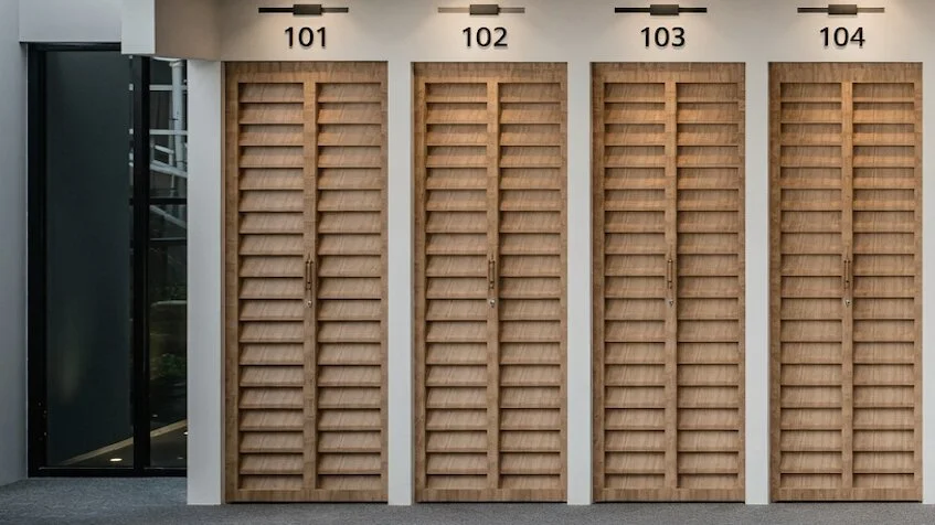 Área de minibodegas que incluye cuatro puertas de madera con lamas y numeración del 101 al 104 de Sensum Puerto Morelos