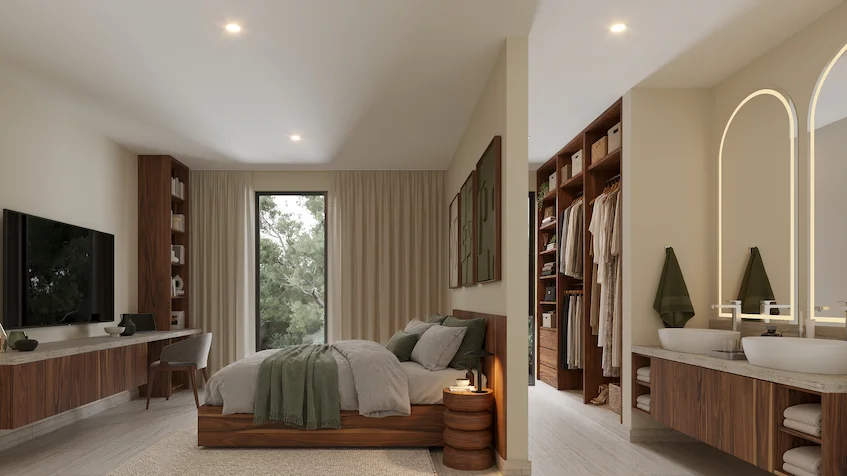 Diseño interior de la recámara principal con baño