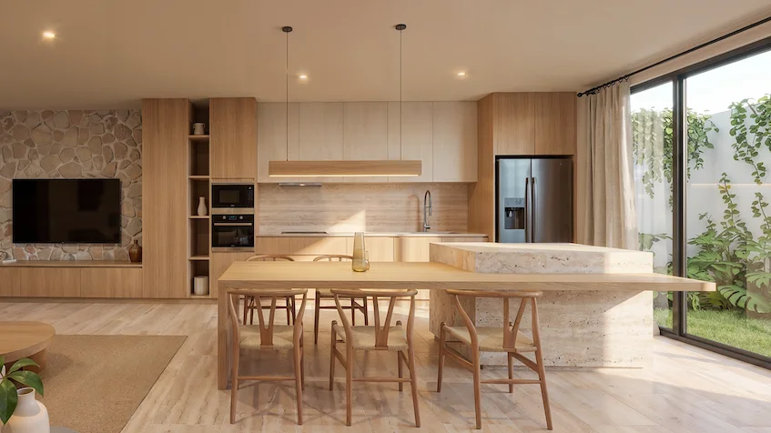 Diseño interior de sala, comedor y cocina de concepto abierto