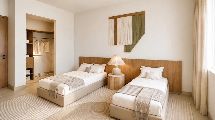 Interior de recámara que incluye dos camas individuales, una cabecera de madera, un buró con lámpara, un vestidor abierto al fondo y una decoración textil en la pared de The Reserve by Gran Selva Puerto Morelos.